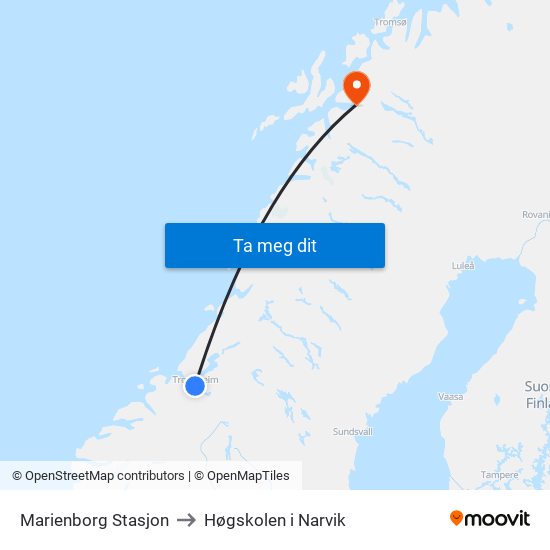 Marienborg Stasjon to Høgskolen i Narvik map