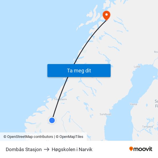 Dombås Stasjon to Høgskolen i Narvik map