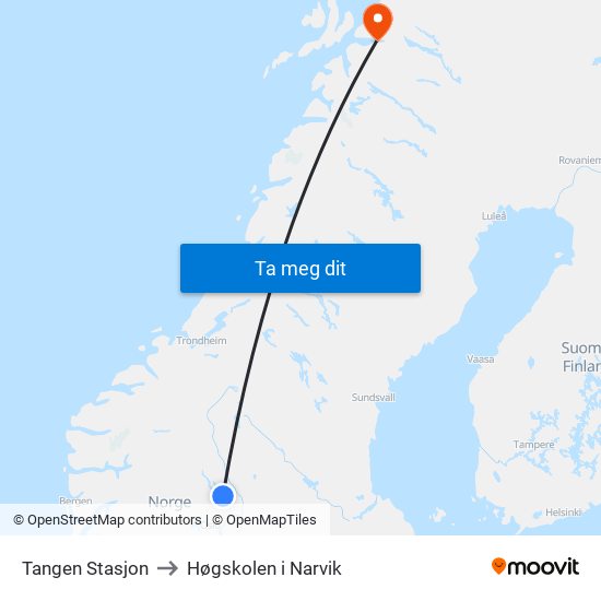 Tangen Stasjon to Høgskolen i Narvik map