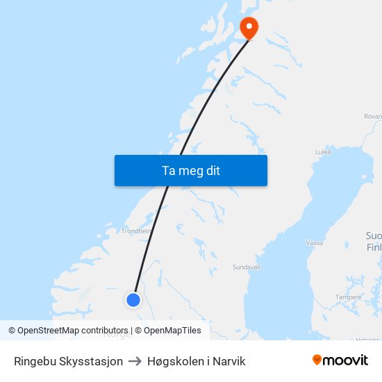 Ringebu Skysstasjon to Høgskolen i Narvik map