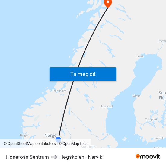 Hønefoss Sentrum to Høgskolen i Narvik map