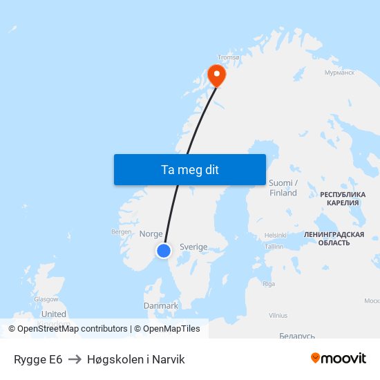 Rygge E6 to Høgskolen i Narvik map