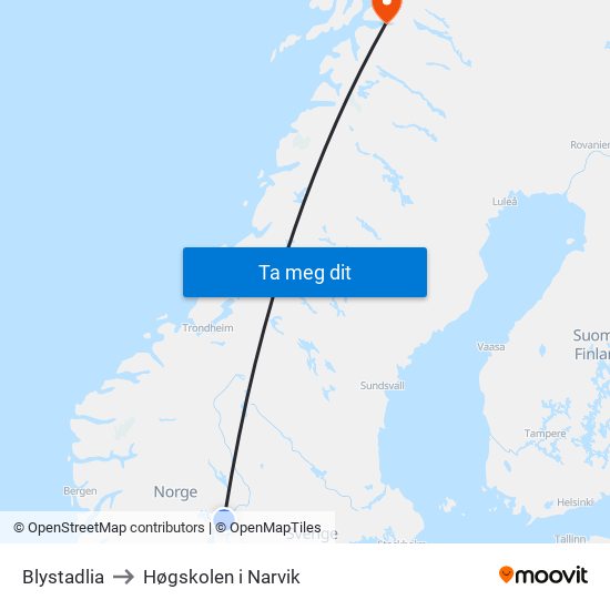 Blystadlia to Høgskolen i Narvik map