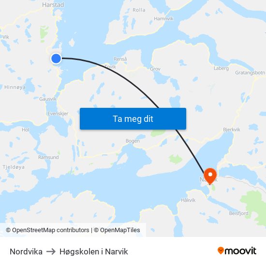 Nordvika to Høgskolen i Narvik map