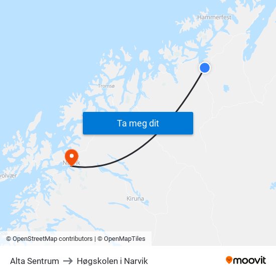 Alta Sentrum to Høgskolen i Narvik map