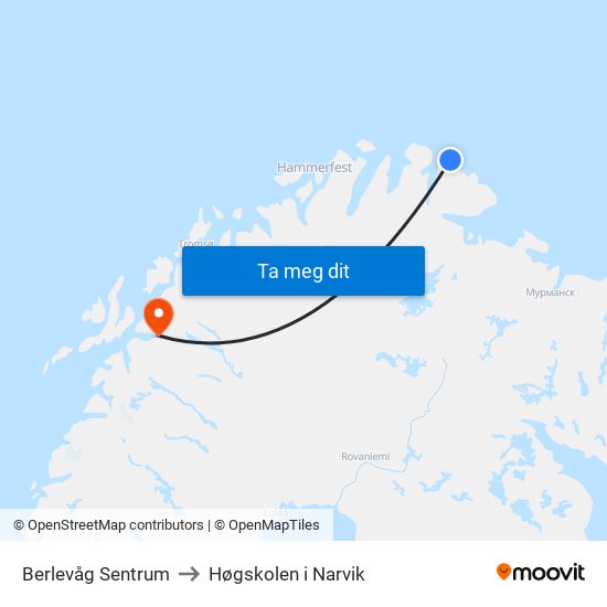 Berlevåg Sentrum to Høgskolen i Narvik map