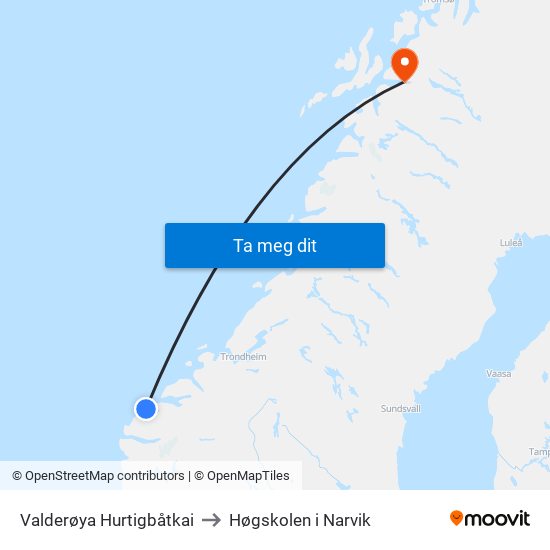Valderøya Hurtigbåtkai to Høgskolen i Narvik map