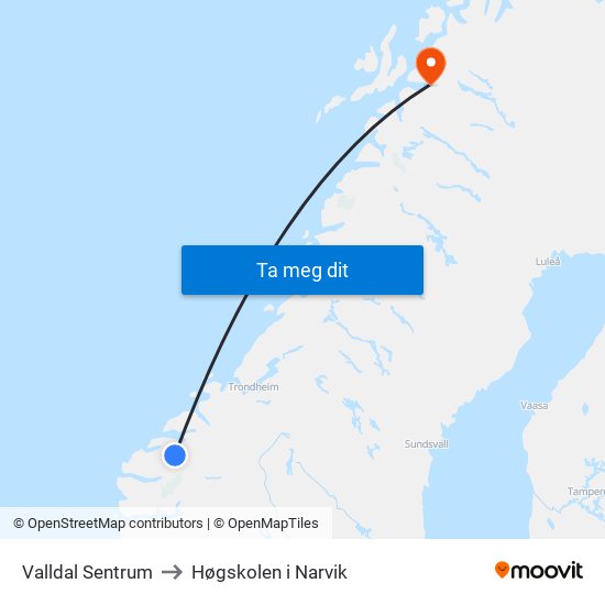 Valldal Sentrum to Høgskolen i Narvik map