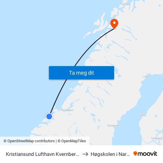 Kristiansund Lufthavn Kvernberget to Høgskolen i Narvik map