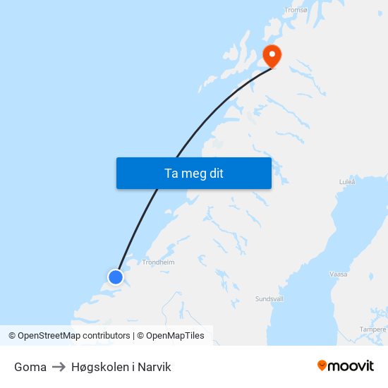 Goma to Høgskolen i Narvik map