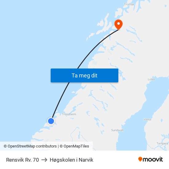 Rensvik Rv. 70 to Høgskolen i Narvik map