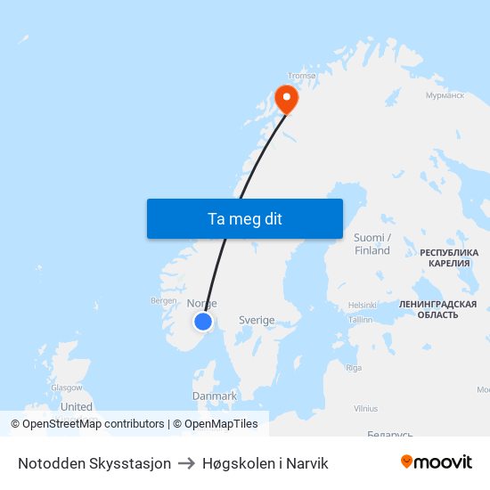 Notodden Skysstasjon to Høgskolen i Narvik map