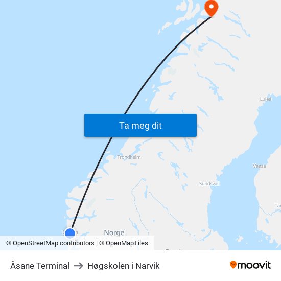 Åsane Terminal to Høgskolen i Narvik map