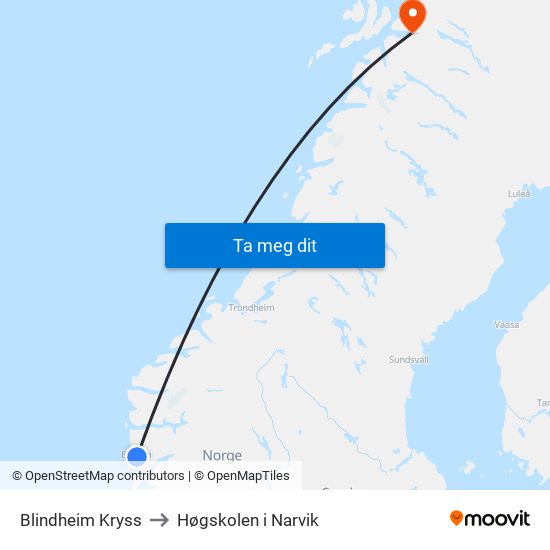 Blindheim Kryss to Høgskolen i Narvik map