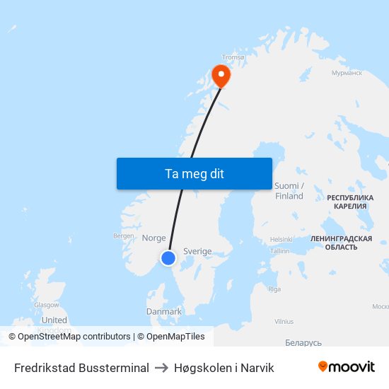 Fredrikstad Bussterminal to Høgskolen i Narvik map