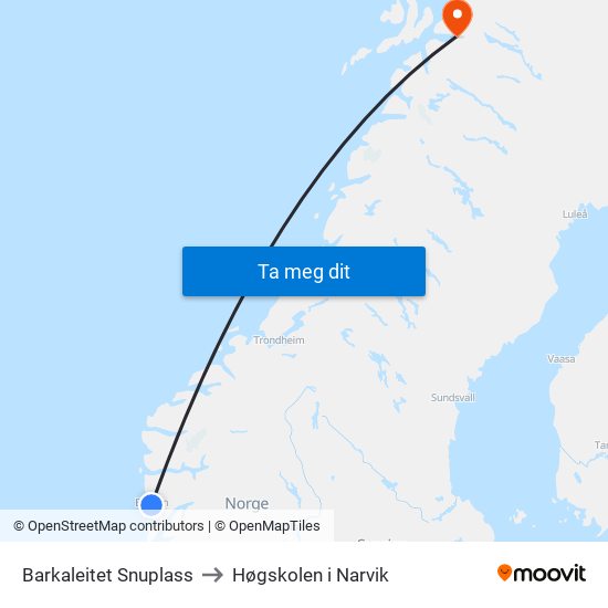 Barkaleitet Snuplass to Høgskolen i Narvik map
