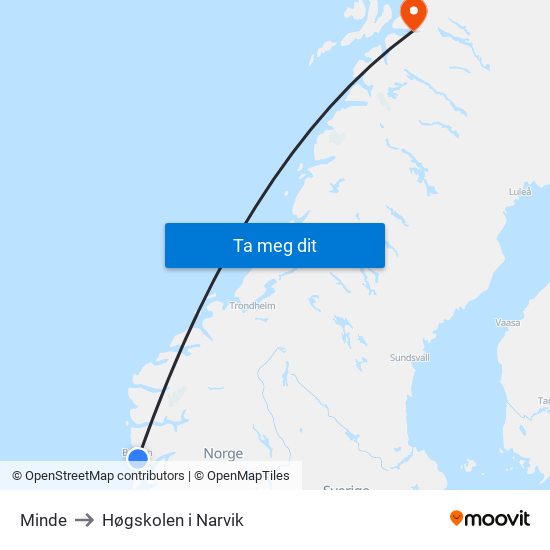 Minde to Høgskolen i Narvik map