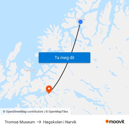 Tromsø Museum to Høgskolen i Narvik map