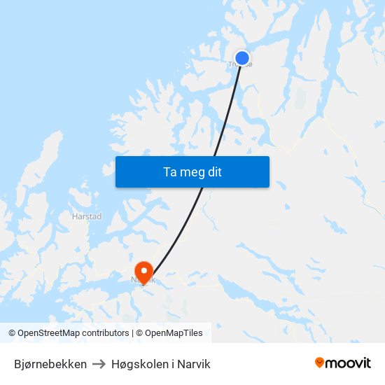 Bjørnebekken to Høgskolen i Narvik map