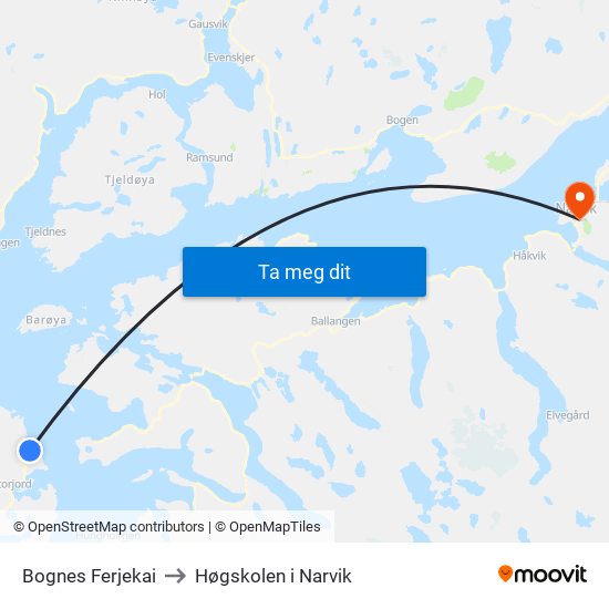 Bognes Ferjekai to Høgskolen i Narvik map