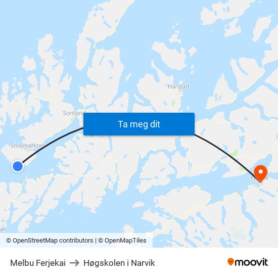 Melbu Ferjekai to Høgskolen i Narvik map