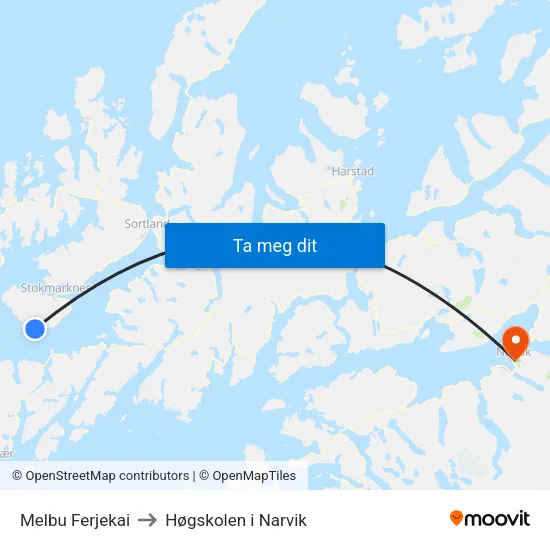 Melbu Ferjekai to Høgskolen i Narvik map
