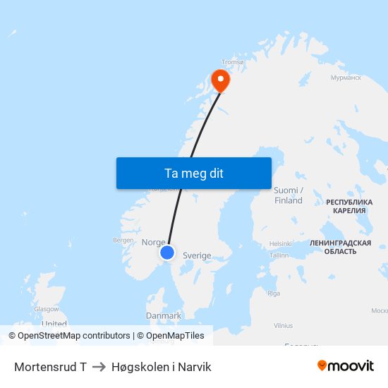 Mortensrud T to Høgskolen i Narvik map