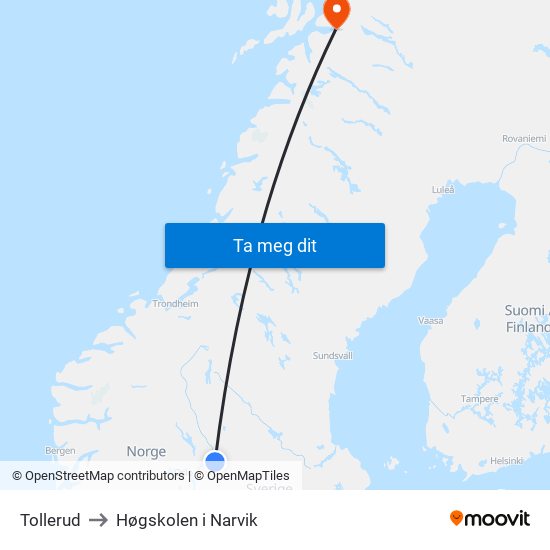 Tollerud to Høgskolen i Narvik map