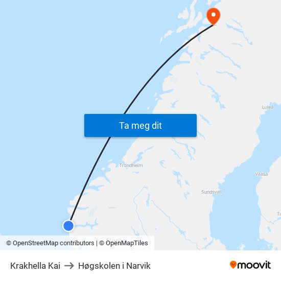 Krakhella Kai to Høgskolen i Narvik map