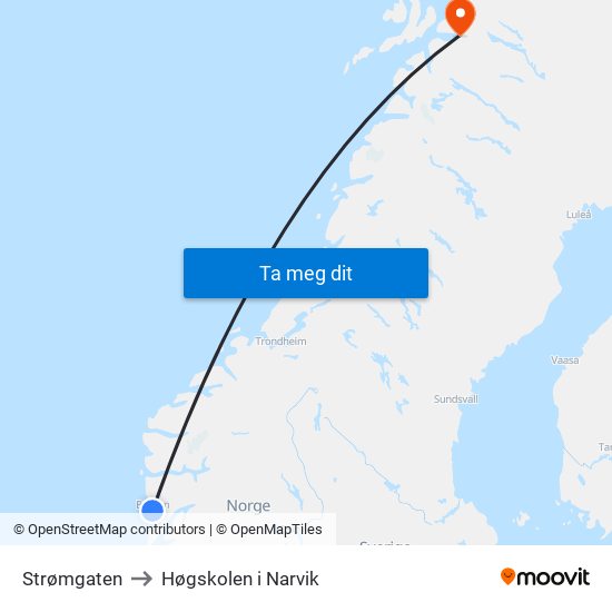 Strømgaten to Høgskolen i Narvik map