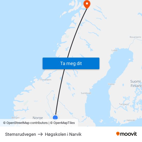 Stemsrudvegen to Høgskolen i Narvik map