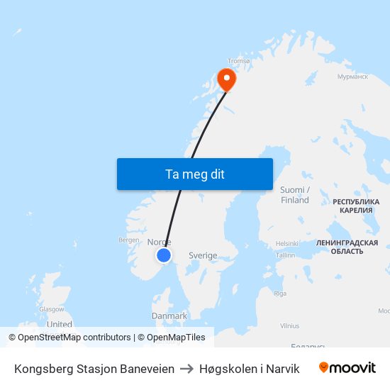 Kongsberg Stasjon Baneveien to Høgskolen i Narvik map