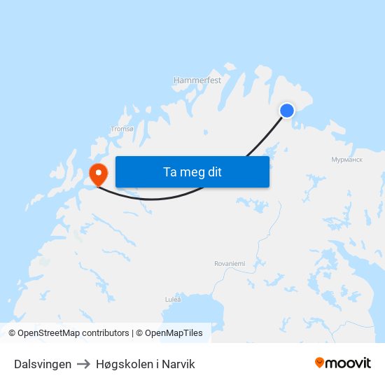 Dalsvingen to Høgskolen i Narvik map