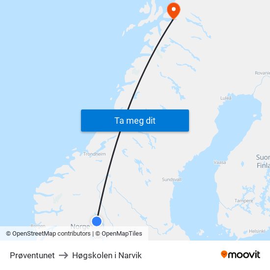 Prøventunet to Høgskolen i Narvik map