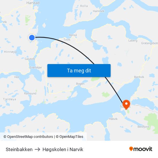 Steinbakken to Høgskolen i Narvik map