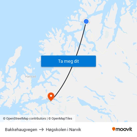 Bakkehaugvegen to Høgskolen i Narvik map