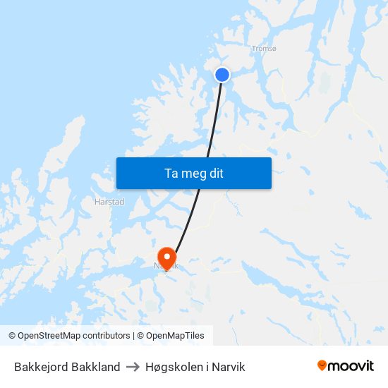 Bakkejord Bakkland to Høgskolen i Narvik map