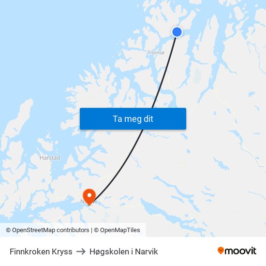 Finnkroken Kryss to Høgskolen i Narvik map