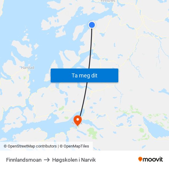 Finnlandsmoan to Høgskolen i Narvik map