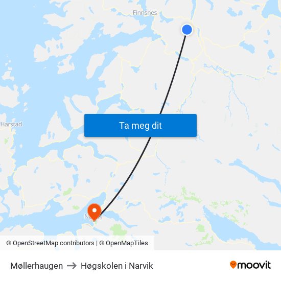 Møllerhaugen to Høgskolen i Narvik map