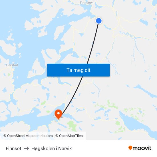 Finnset to Høgskolen i Narvik map