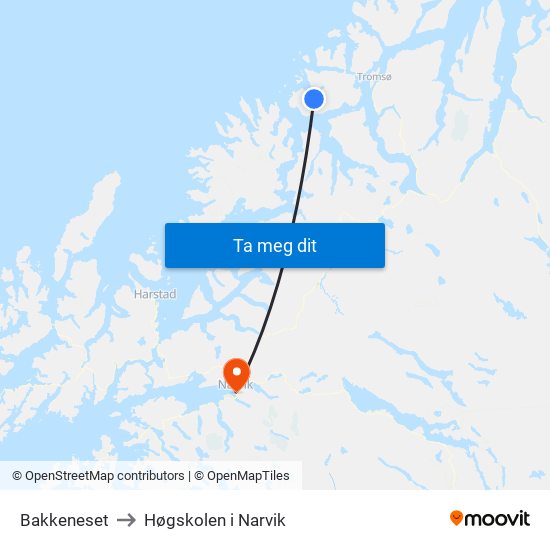 Bakkeneset to Høgskolen i Narvik map