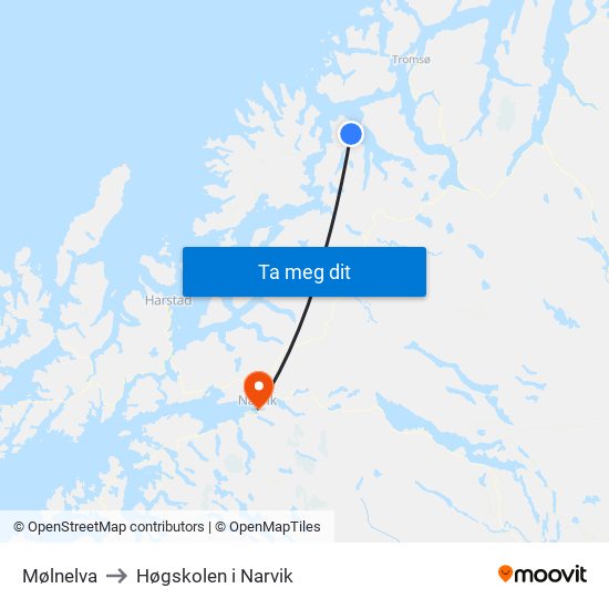 Mølnelva to Høgskolen i Narvik map