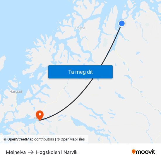 Mølnelva to Høgskolen i Narvik map