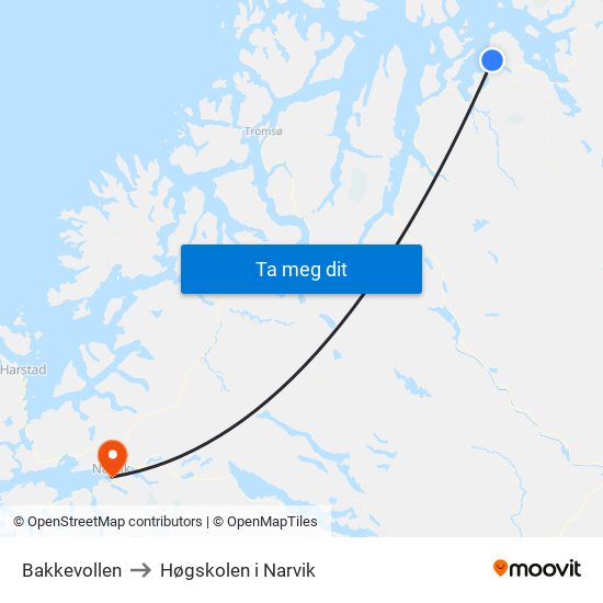 Bakkevollen to Høgskolen i Narvik map