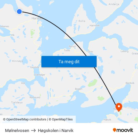Mølnelvosen to Høgskolen i Narvik map