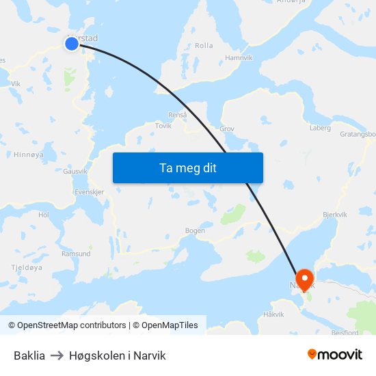 Baklia to Høgskolen i Narvik map