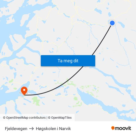 Fjeldevegen to Høgskolen i Narvik map