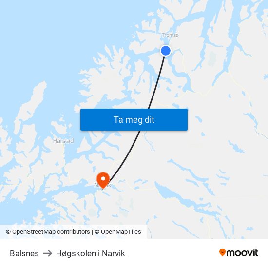 Balsnes to Høgskolen i Narvik map