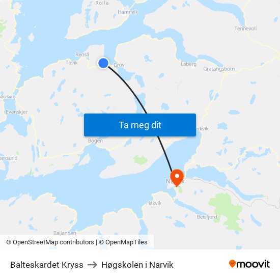 Balteskardet Kryss to Høgskolen i Narvik map